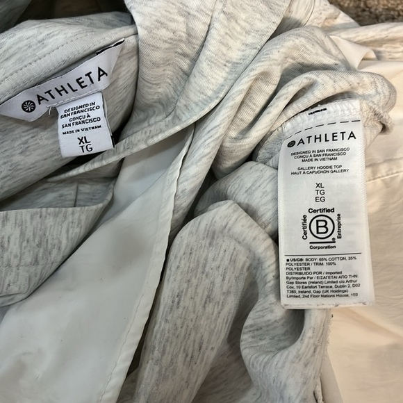 Athleta Hoodie Heather Gray & white Poplin Long Sleeve Tie waist Popover Top - Picture 8 of 12